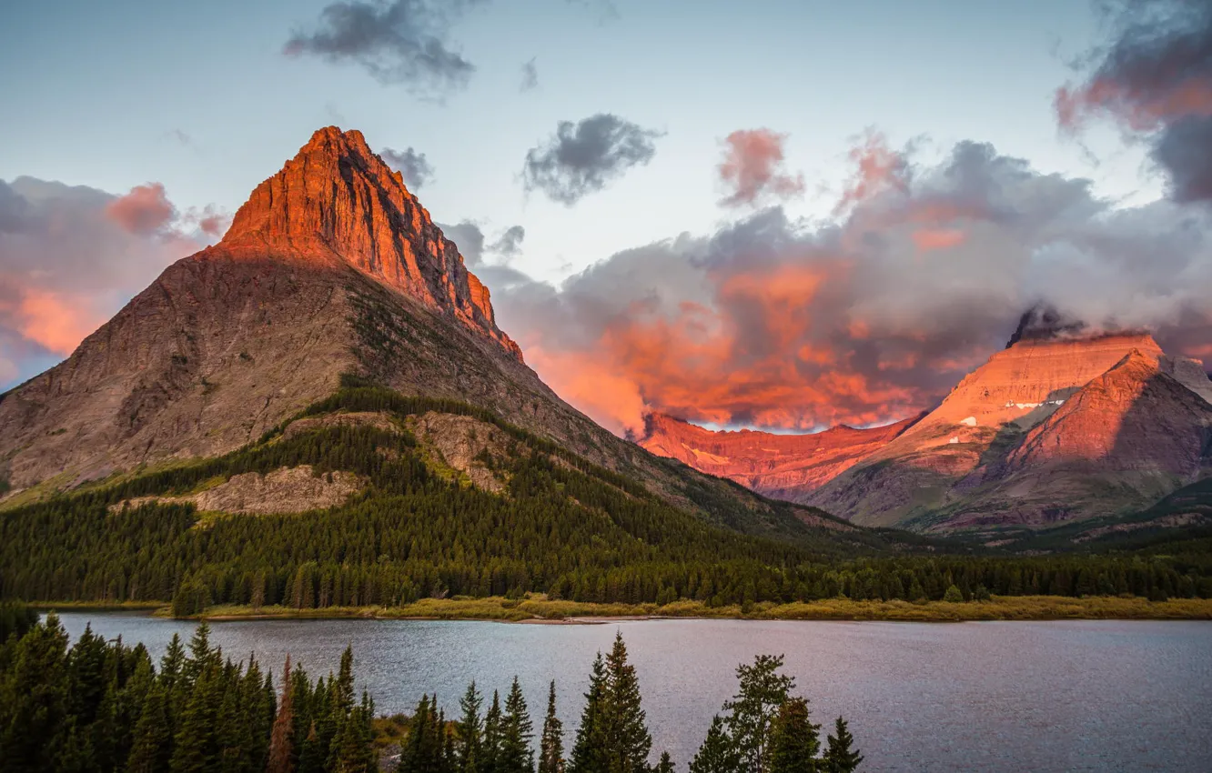 Photo wallpaper forest, clouds, mountains, nature, lake, dawn