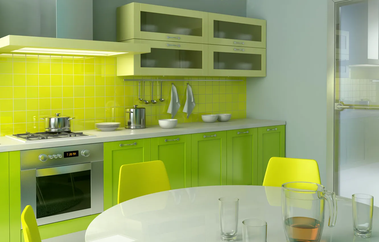 Photo wallpaper yellow, bright, design, green, style, table, room, chairs