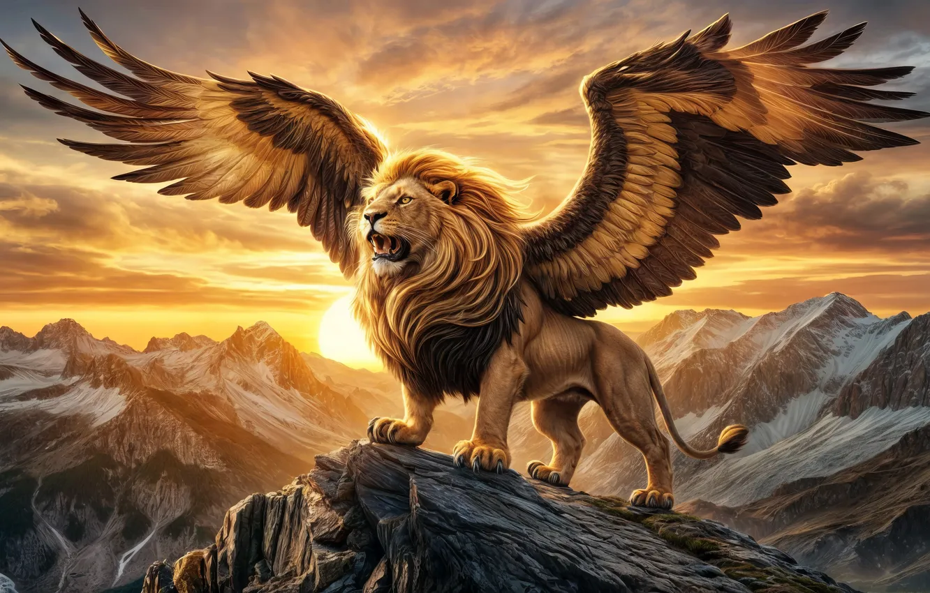 Photo wallpaper king of the beasts, wings, mountains, the sun, Leo