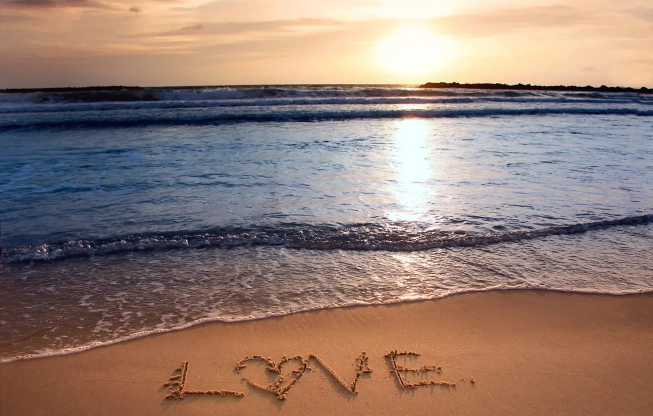 Photo wallpaper love, beach, heart, sunset, holiday