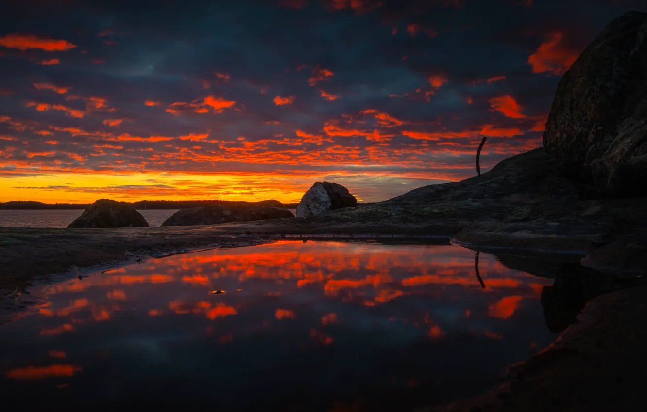 Photo wallpaper the sky, water, clouds, landscape, sunset, clouds, darkness, reflection