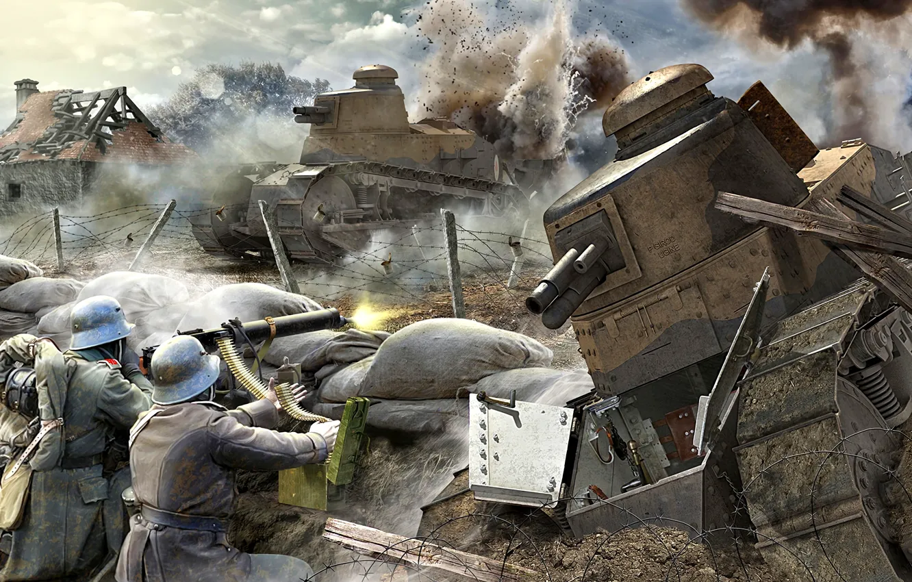 Photo wallpaper soldiers, machine gun, barbed wire, light tank, The first World war, Renault FT, MG 08/15