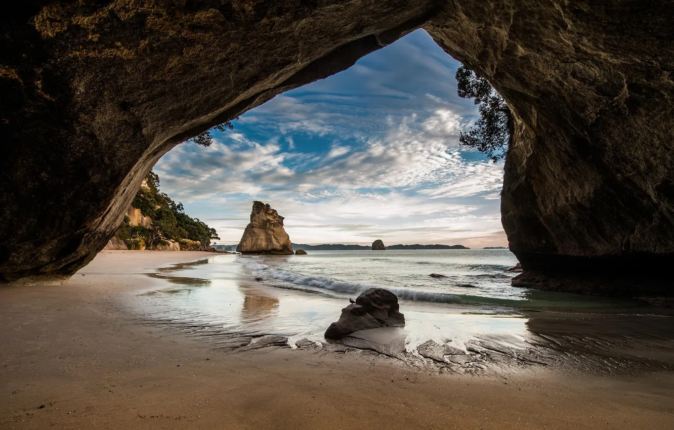 Photo wallpaper sand, beach, the sky, trees, landscape, nature, the ocean, rocks
