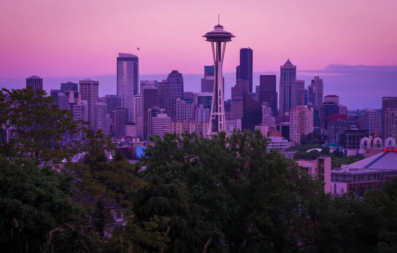Photo wallpaper city, USA, skyline, Washington, dusk, purple, skyscrapers, Seattle