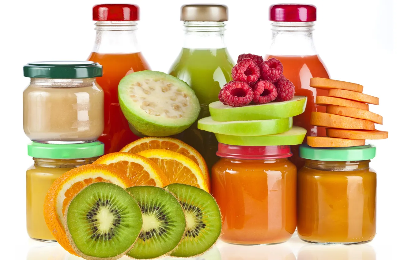 Photo wallpaper raspberry, Apple, orange, kiwi, fruit, juices, puree