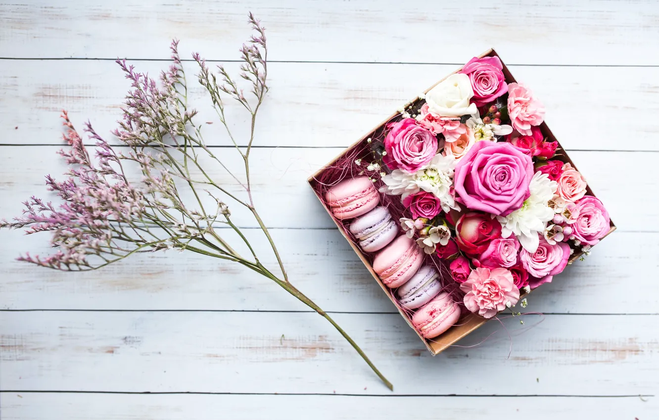 Photo wallpaper flowers, gift, roses, macaroon, branch greenery