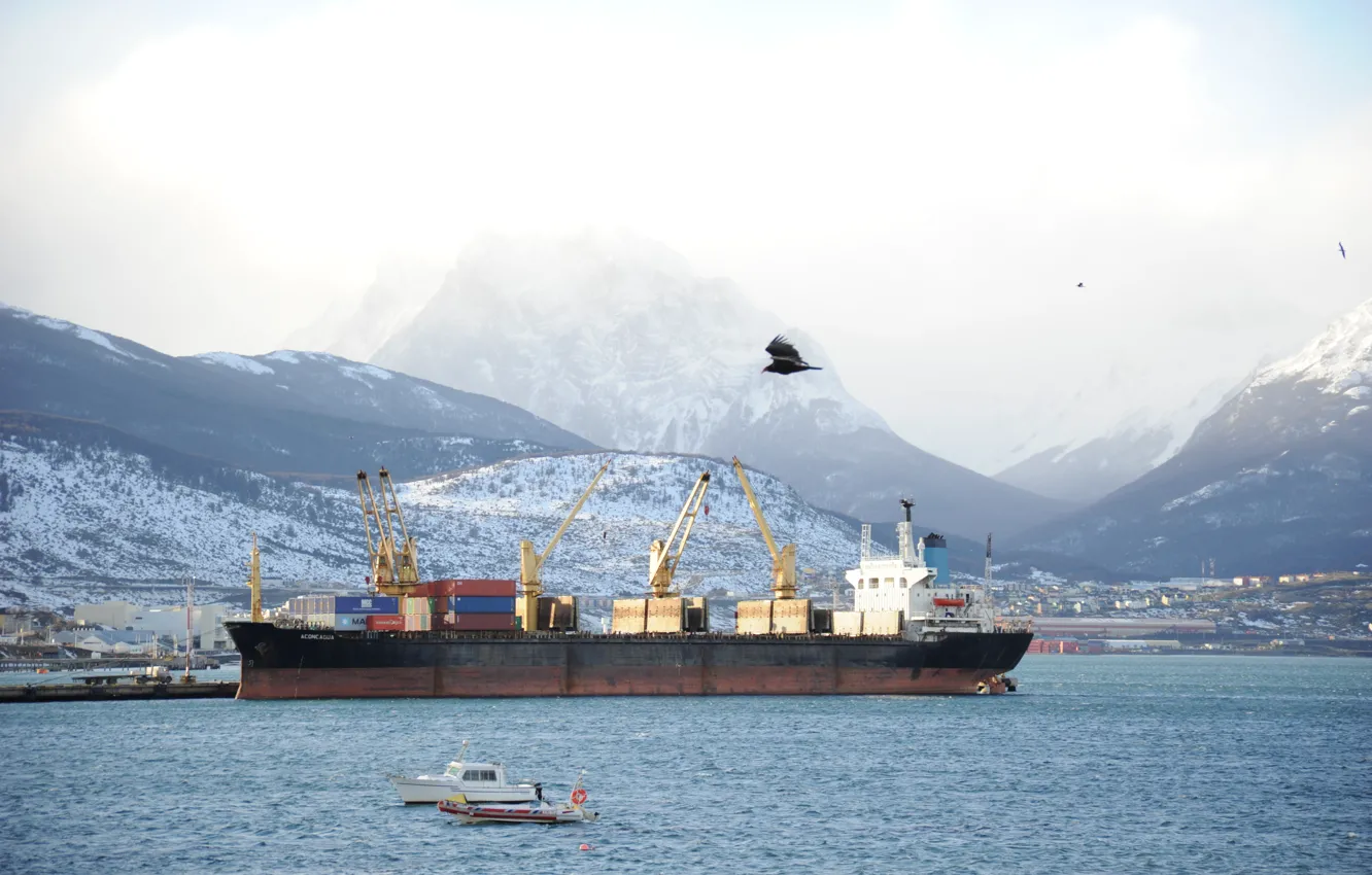 Photo wallpaper sea, Argentina, mountain, snow, sun, ship, eagles, Patagonia