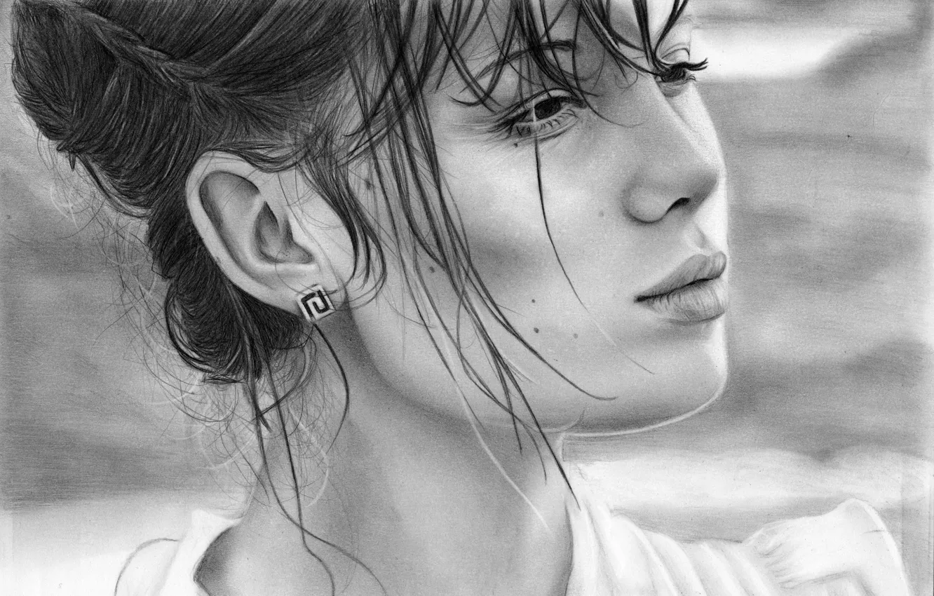 Photo wallpaper look, girl, face, hair, portrait, earrings, hairstyle, lips