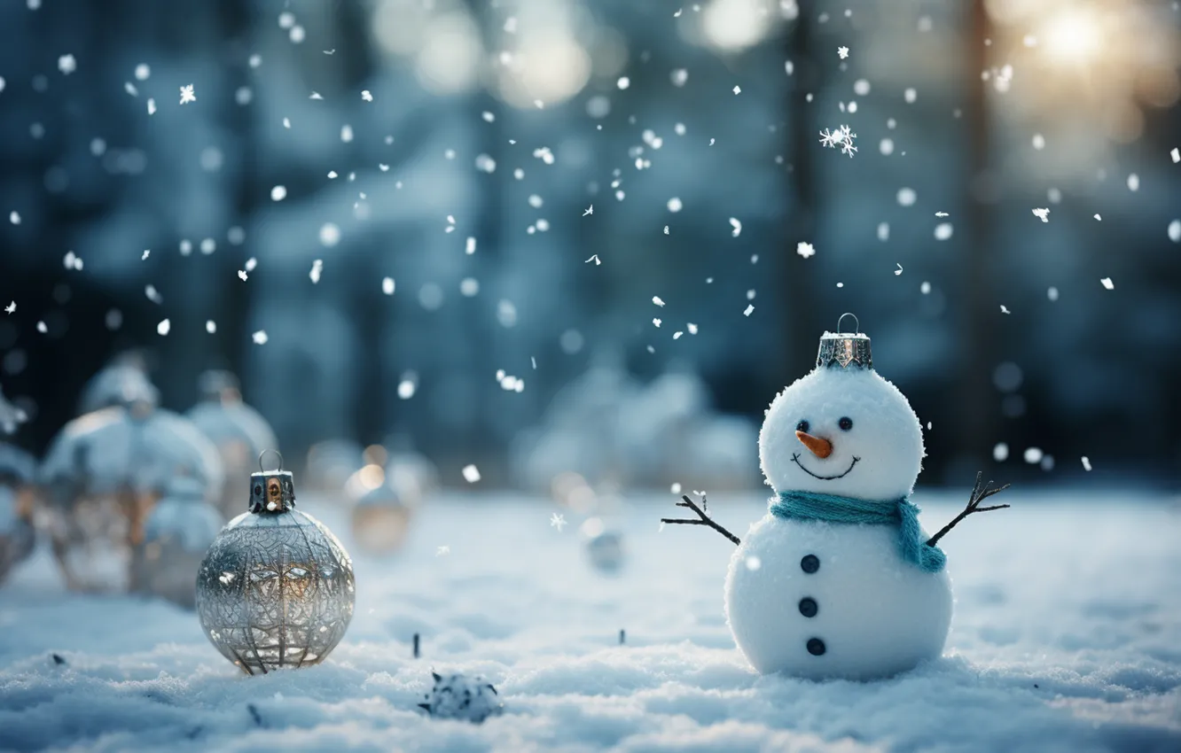 Photo wallpaper winter, snow, decoration, snowflakes, balls, new year, Christmas, golden