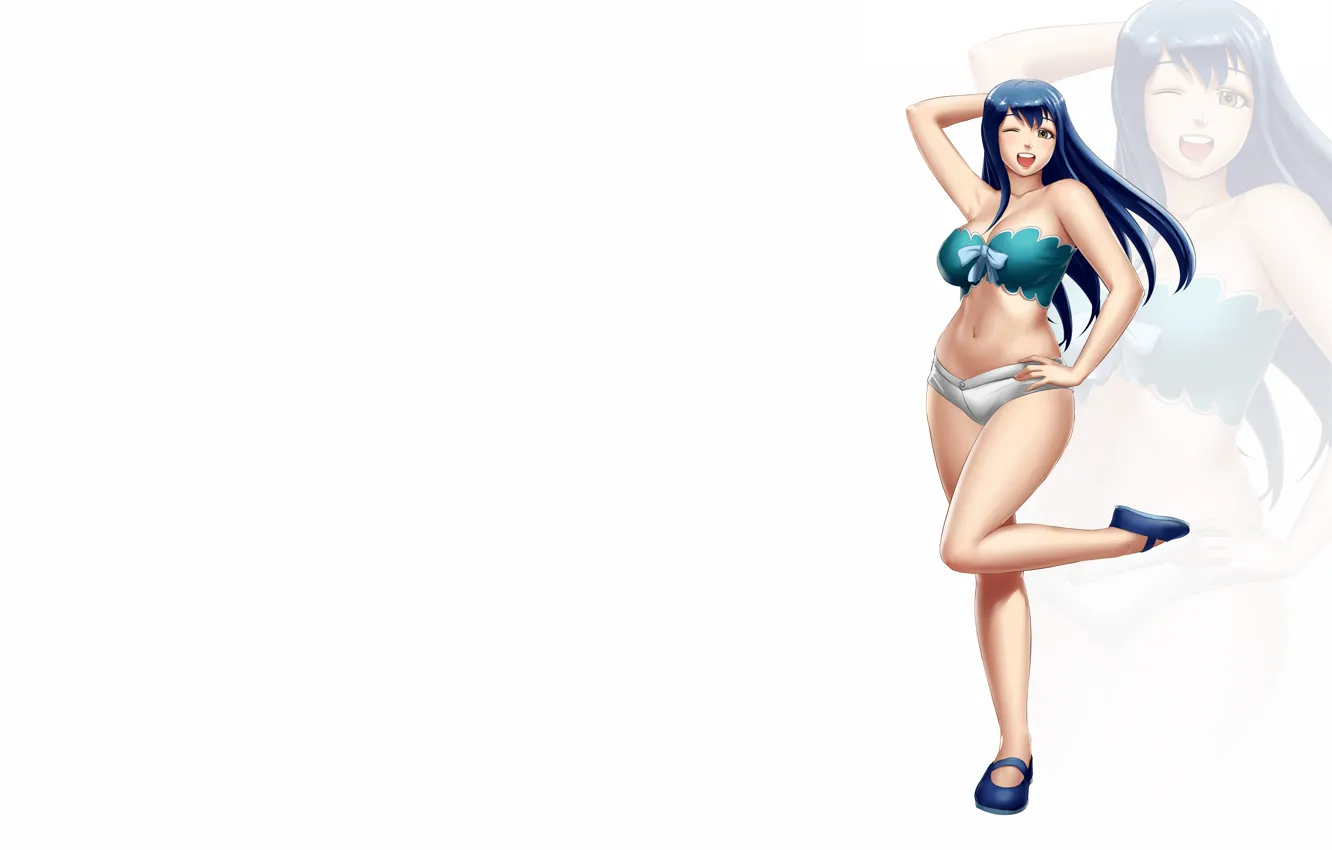 Photo wallpaper girl, sexy, cleavage, shorts, long hair, brown eyes, boobs, anime