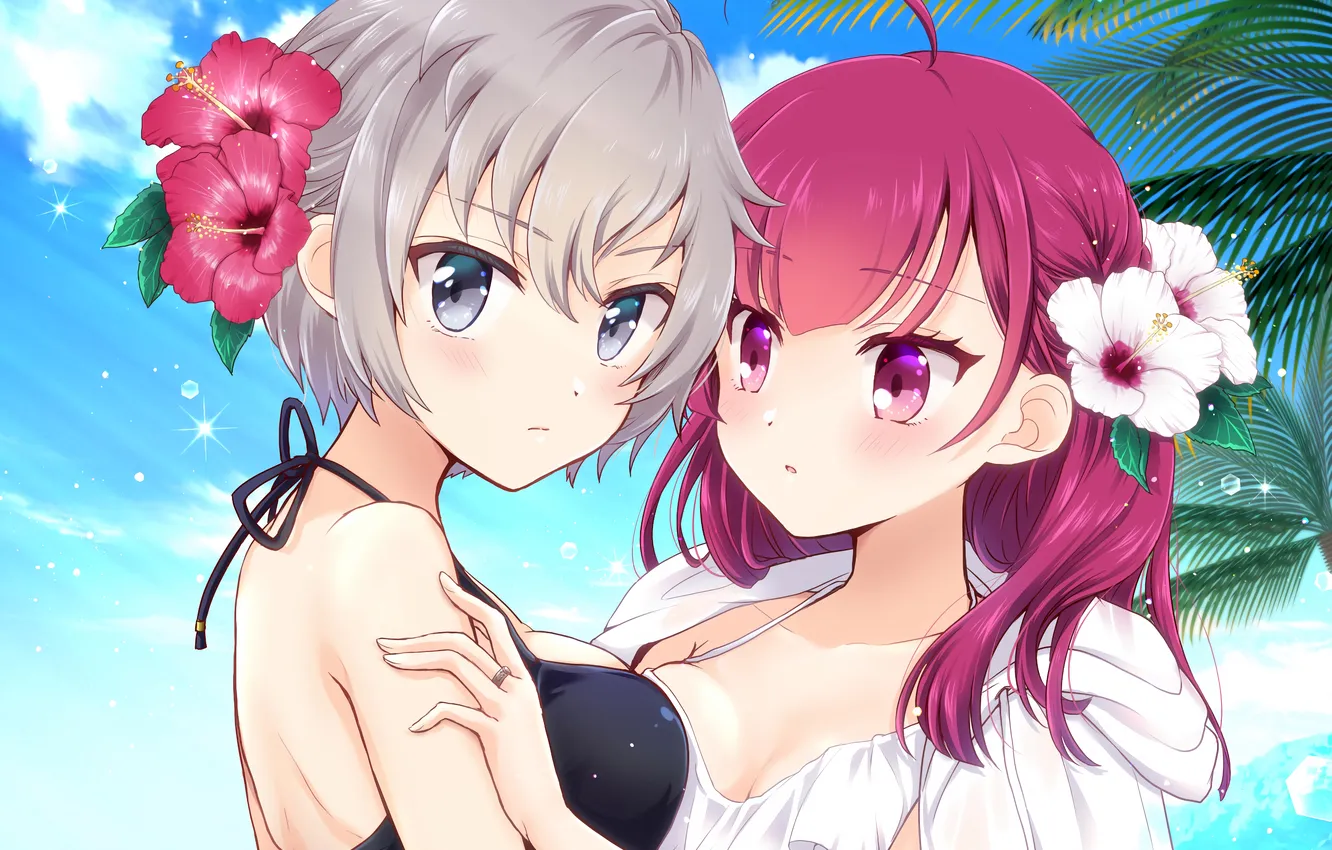 Photo wallpaper sexy, cleavage, beach, pink hair, long hair, girls, boobs, anime