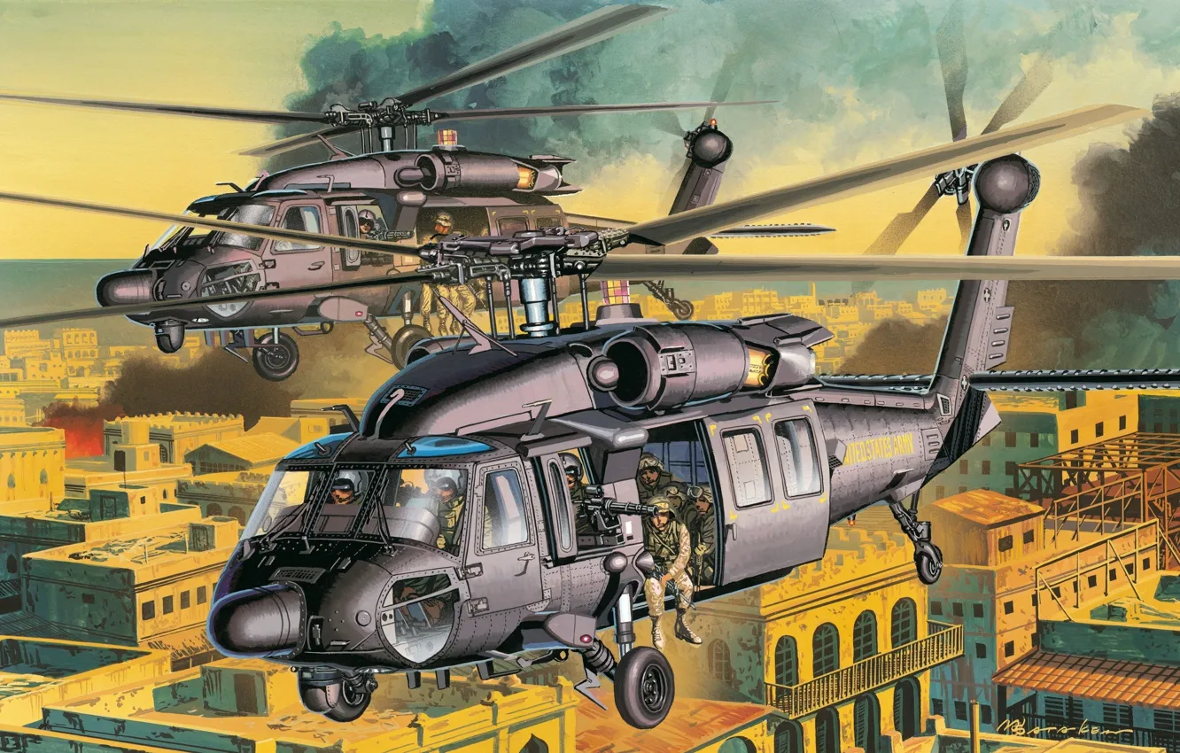 Photo wallpaper the city, figure, helicopters, art, street, helicopter, shock, American