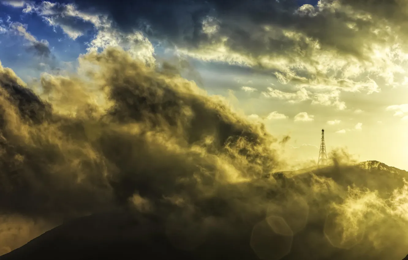 Photo wallpaper clouds, landscape, mountains, nature, tops, tower, sunlight