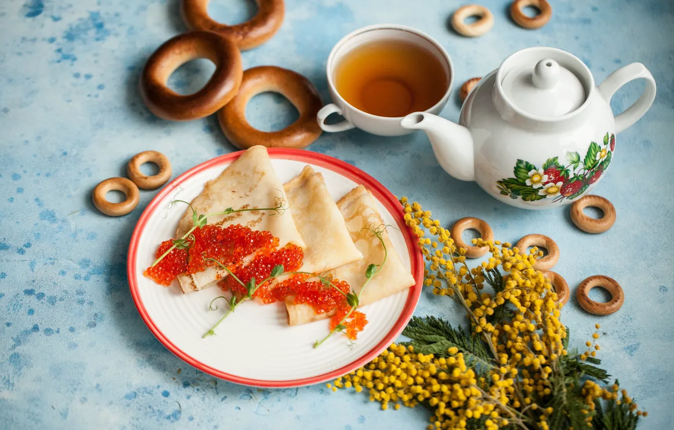 Photo wallpaper tea, pancakes, caviar, drying, Mimosa