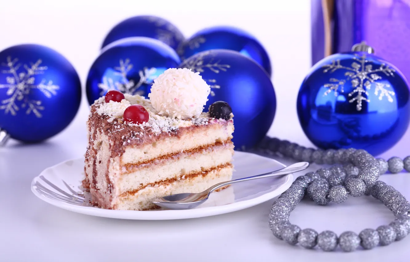 Photo wallpaper holiday, balls, cake, New year, blue, Christmas decorations, treat, Dessert