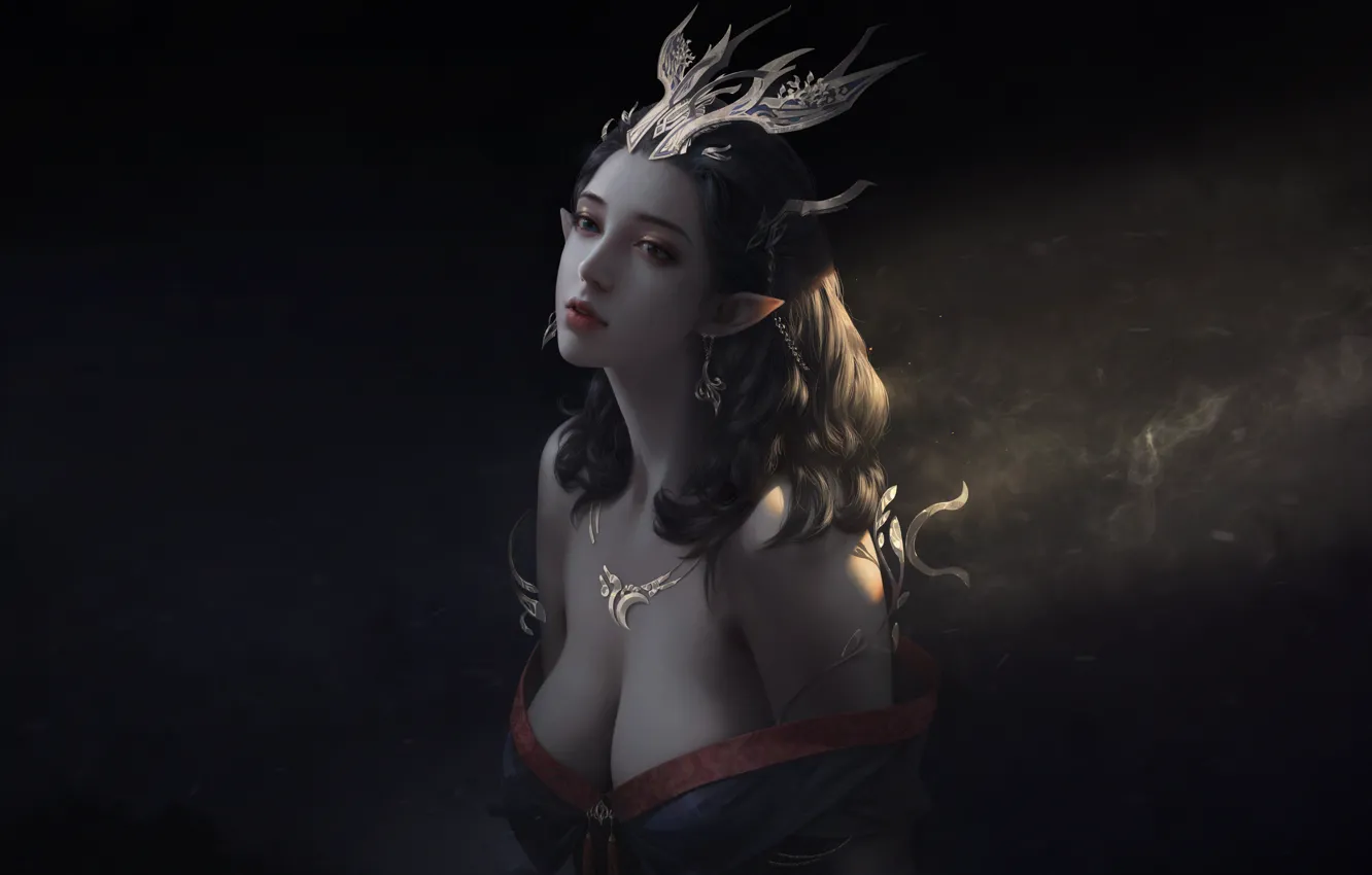 Photo wallpaper girl, light, face, background, fiction, elf, smoke, light