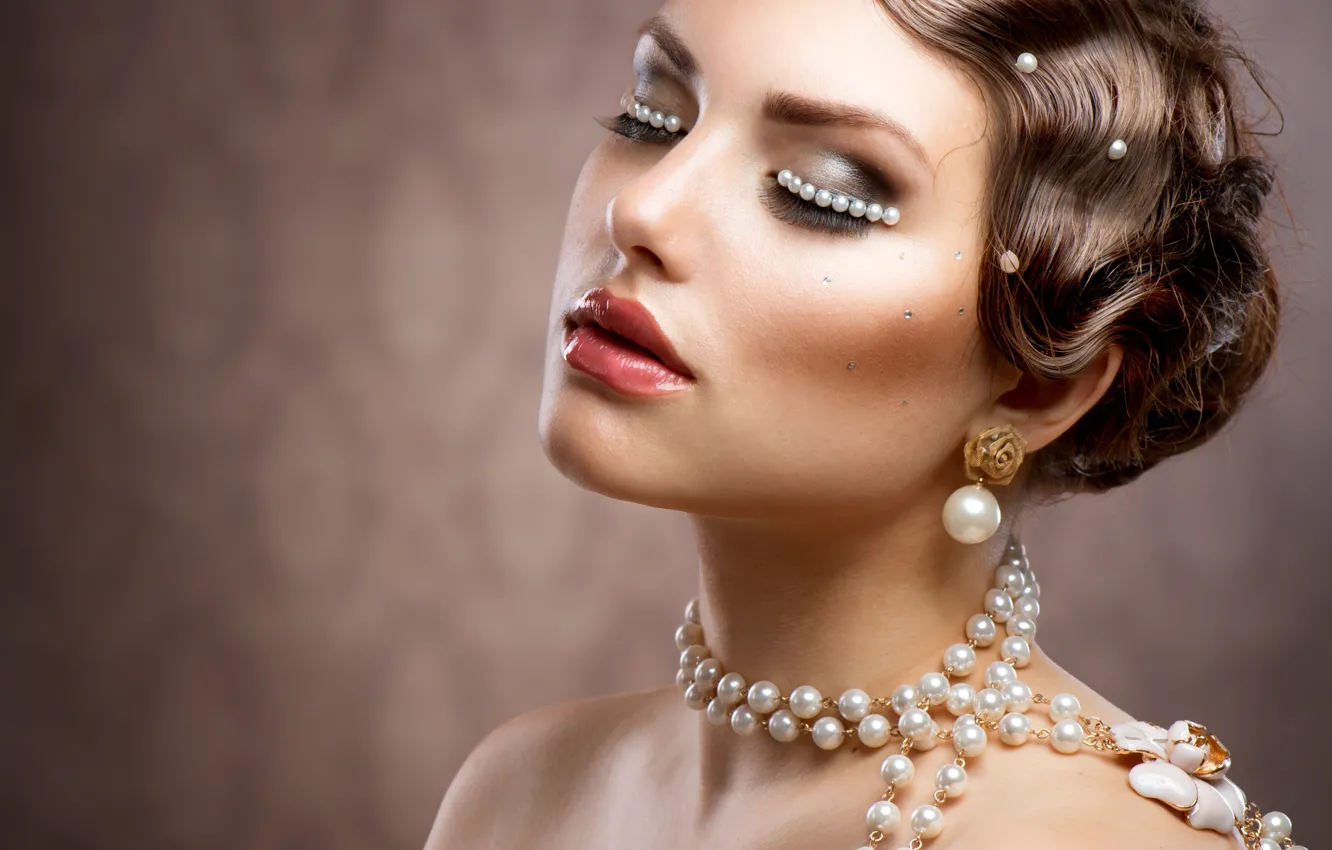 Photo wallpaper girl, makeup, hairstyle, pearl, beads, decoration, Anna Subbotina