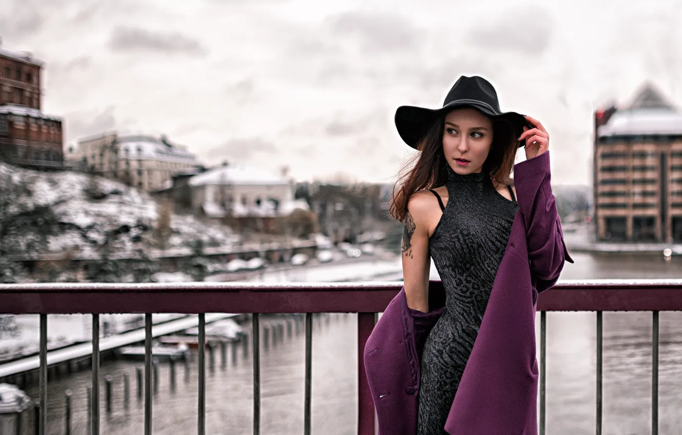 Photo wallpaper winter, snow, bridge, the city, sexy, pose, river, model