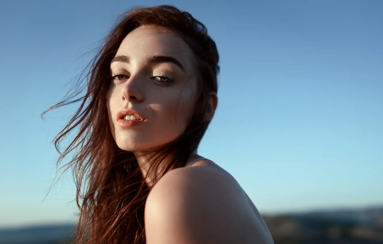 Photo wallpaper girl, clear sky, sky, green eyes, long hair, photo, photographer, model