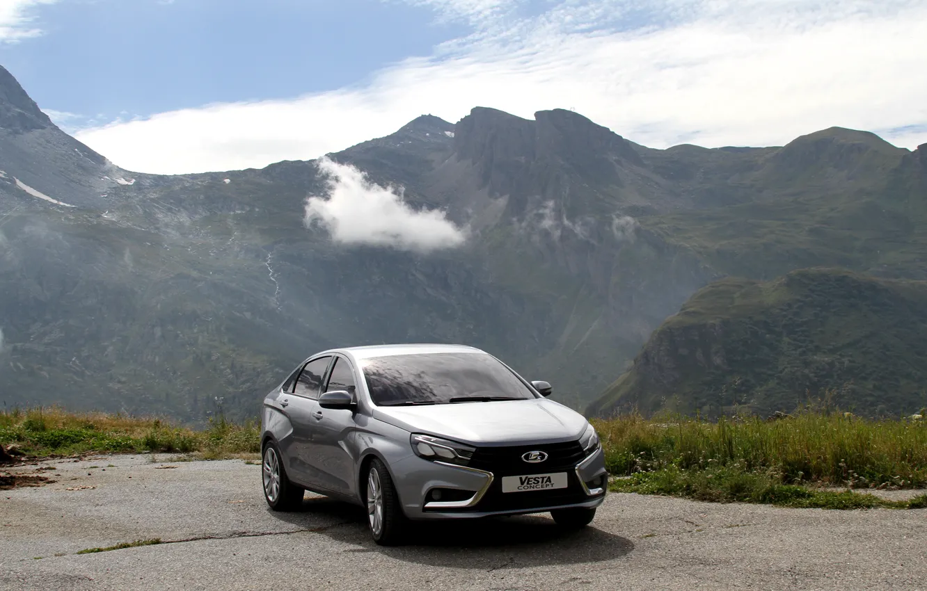 Photo wallpaper mountains, car, sedan, silver, Lada, Lada, Vesta, Vesta