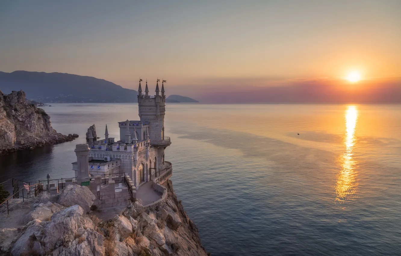 Photo wallpaper sea, sunrise, castle, rocks, dawn, morning, Russia, Crimea