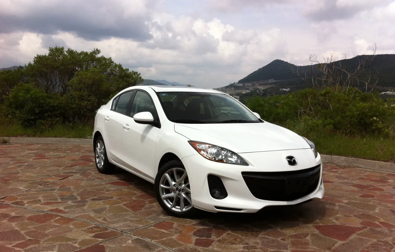 Photo wallpaper auto, white, landscape, Mazda, white, Axela