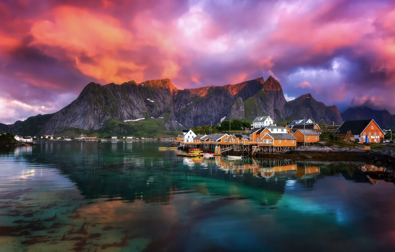 Photo wallpaper the sky, clouds, mountains, Norway, the village, the fjord