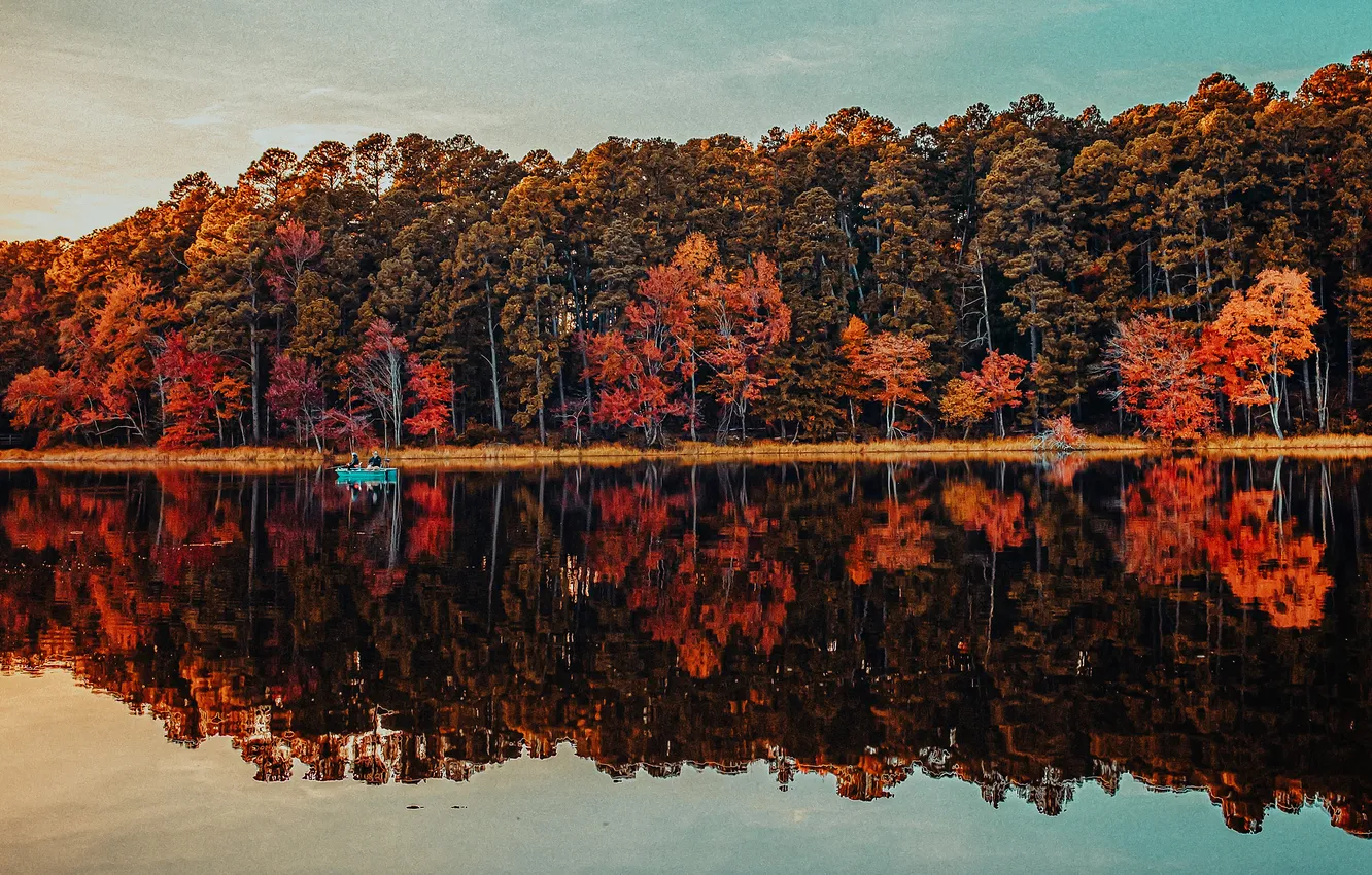 Photo wallpaper autumn, forest, lake, reflection, shore, boat, water surface, the colors of autumn
