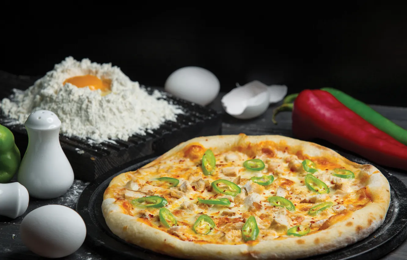 Photo wallpaper eggs, cheese, pepper, pizza, pizza, flour, the dough, Jalapenos