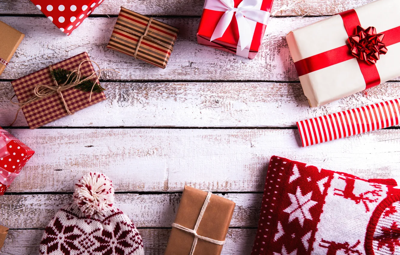 Photo wallpaper background, holiday, gift, hat, new year