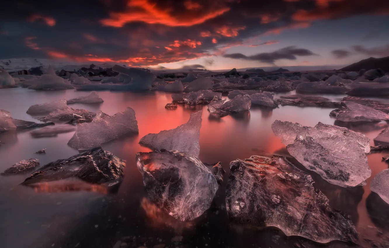 Photo wallpaper the sky, clouds, sunset, nature, ice, the evening, Iceland