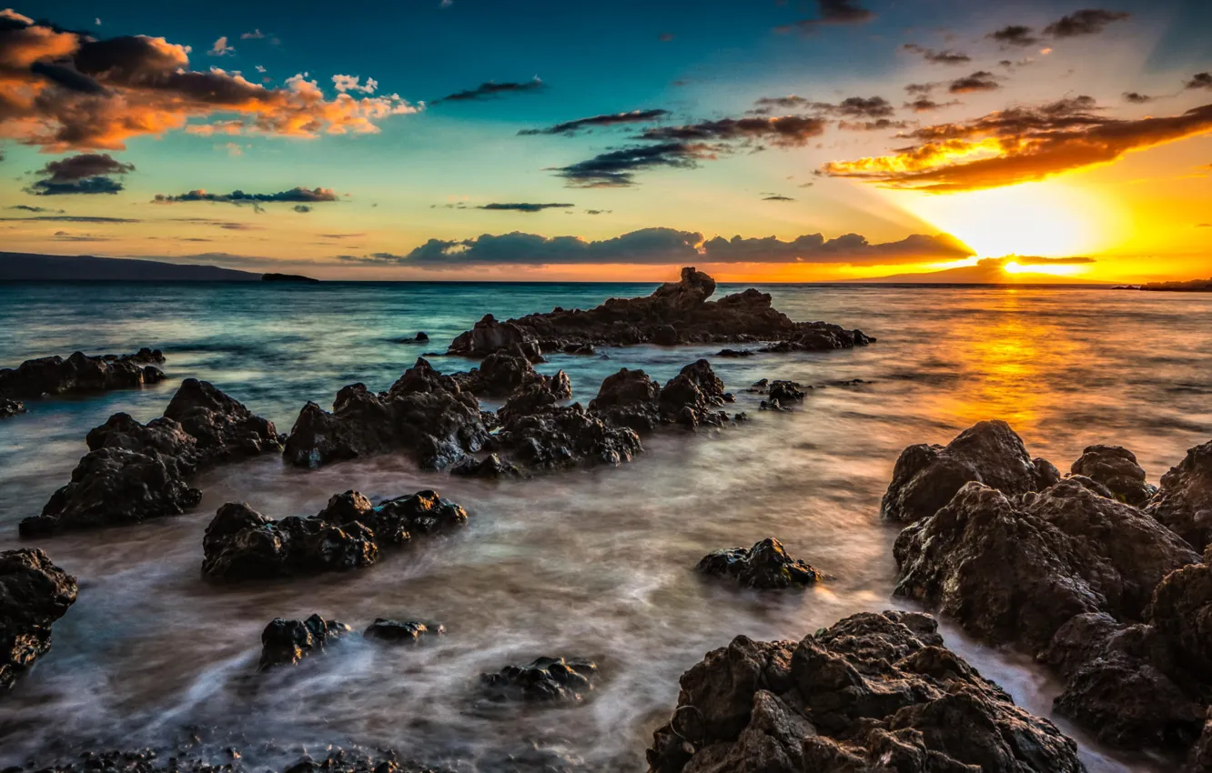 Photo wallpaper sea, landscape, rocks, dawn