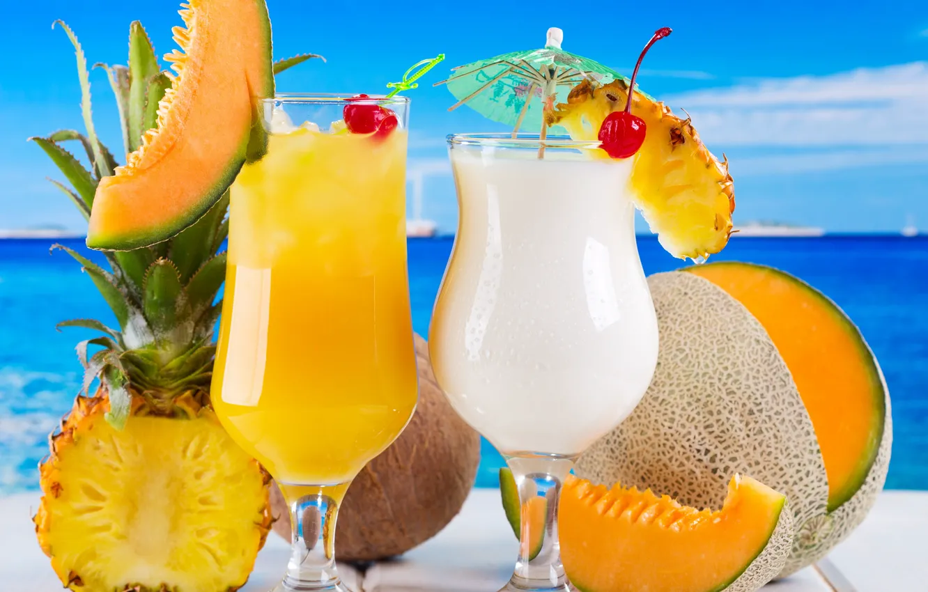 Photo wallpaper sea, cherry, coconut, cocktail, fruit, pineapple, fresh, drink