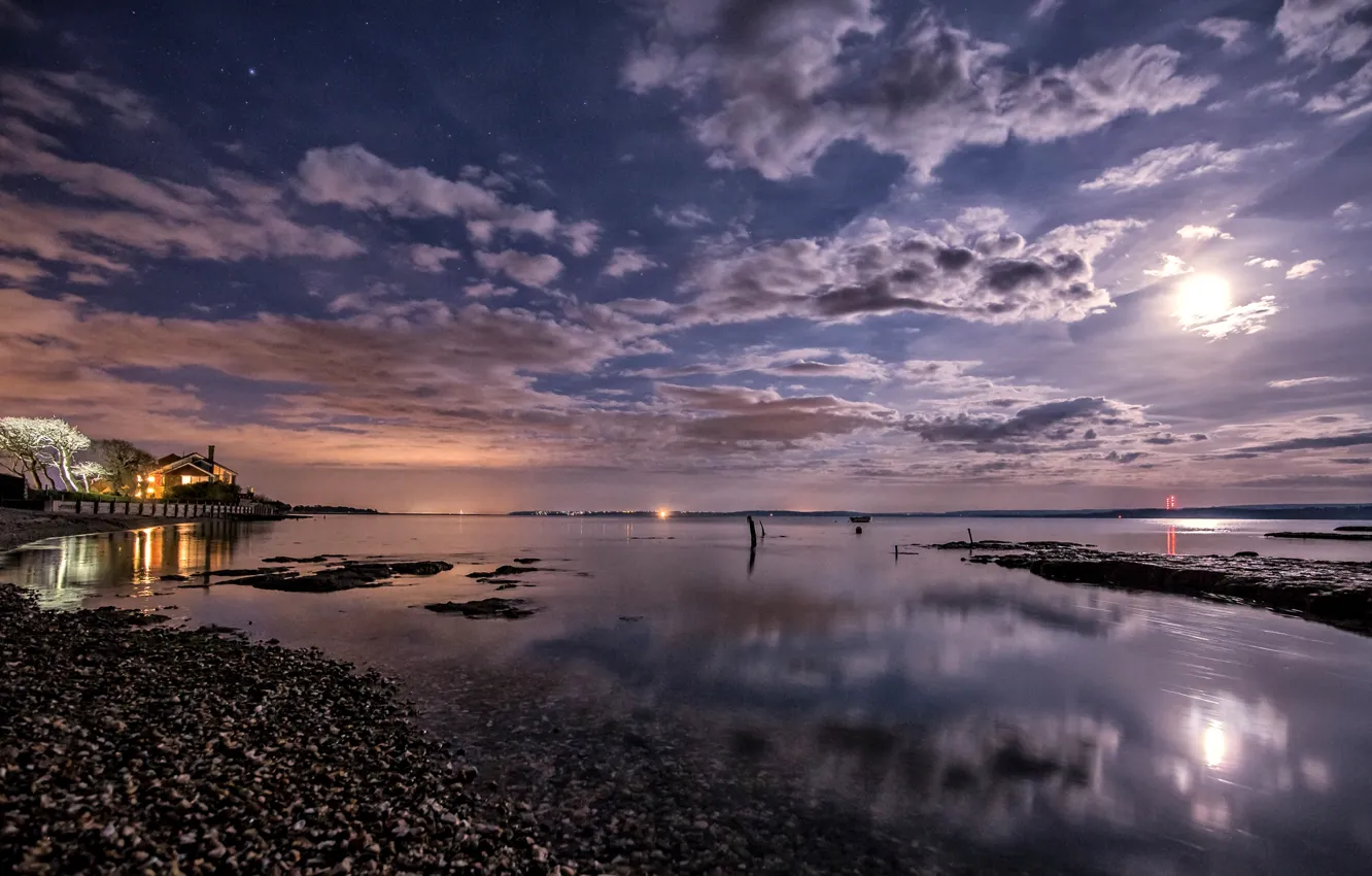 Photo wallpaper sea, the sky, clouds, light, night, lights, the moon, coast