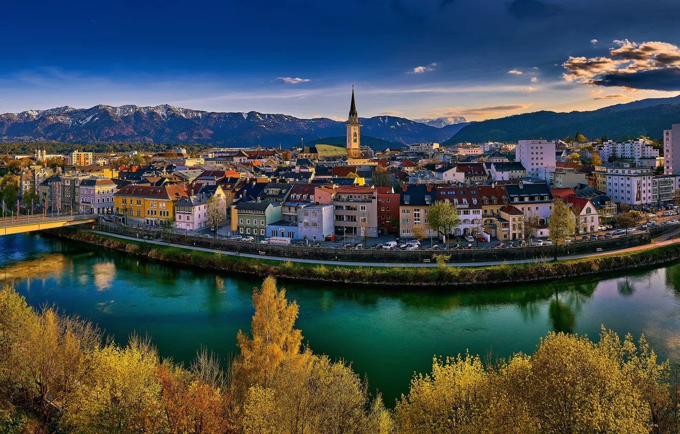 Photo wallpaper trees, mountains, bridge, river, building, home, Austria, Alps