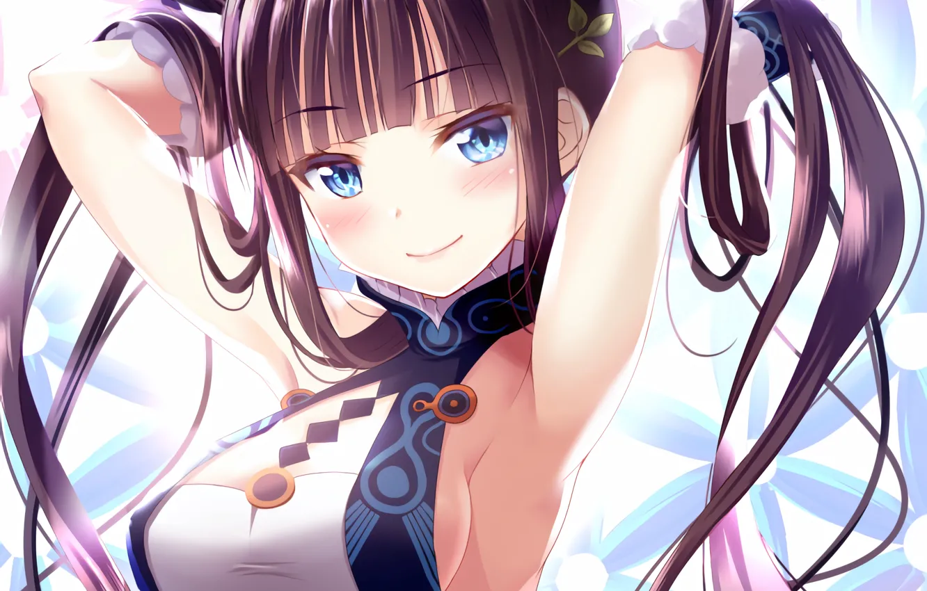 Photo wallpaper girl, sexy, cleavage, blouse, long hair, boobs, anime, blue eyes