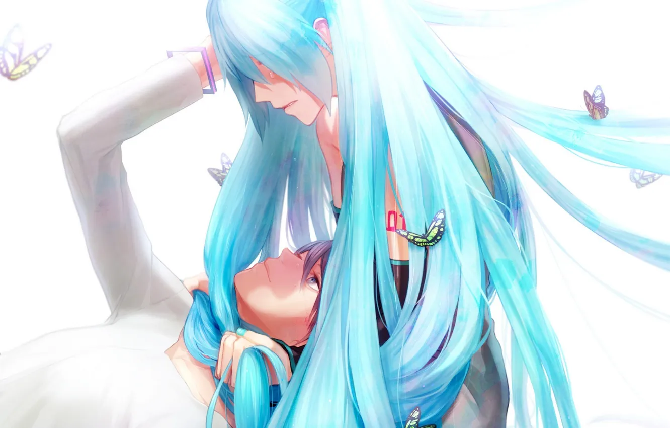 Photo wallpaper girl, butterfly, hair, anime, art, guy, vocaloid, hatsune miku