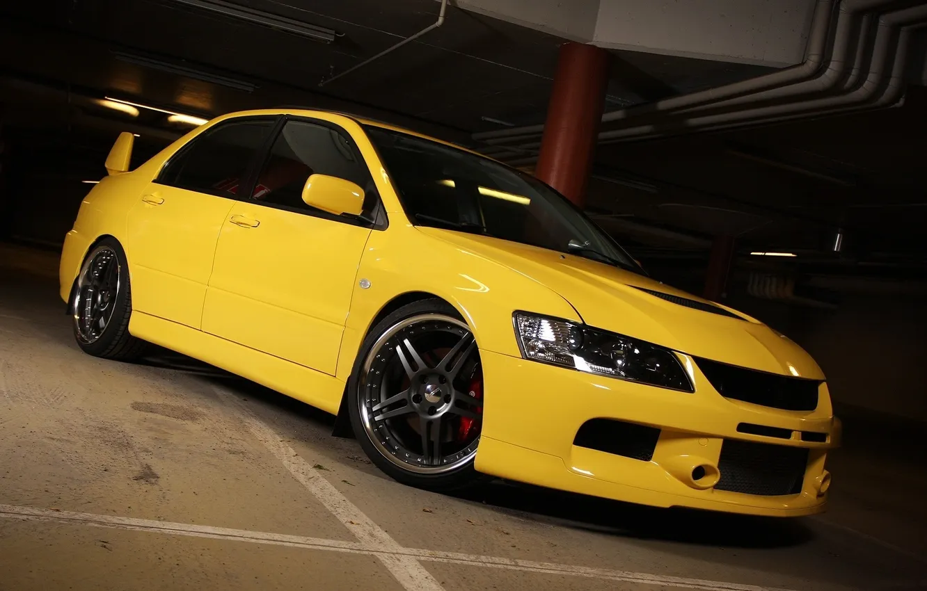 Photo wallpaper auto, yellow, Mitsubishi lancer
