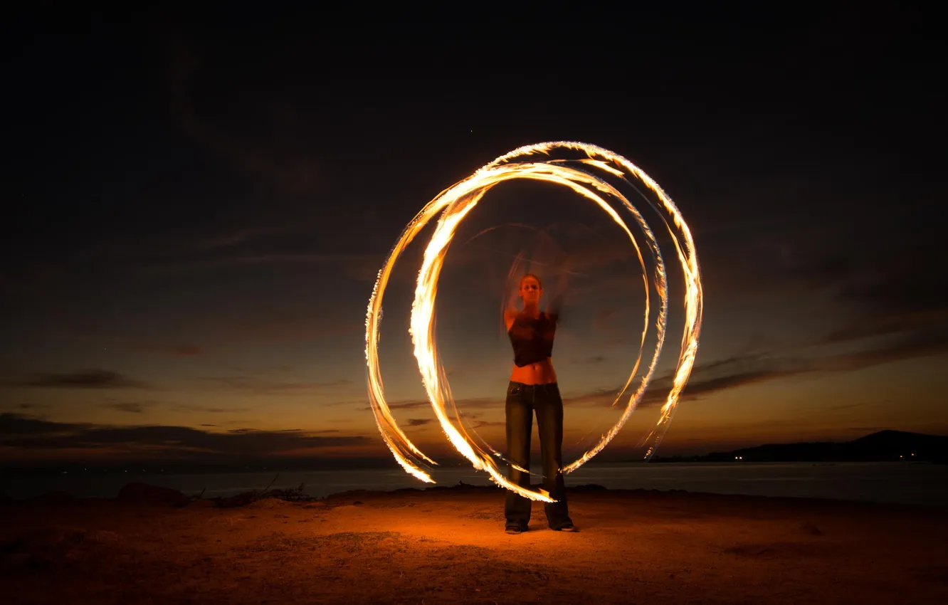 Photo wallpaper girl, night, fire, excerpt, the trick