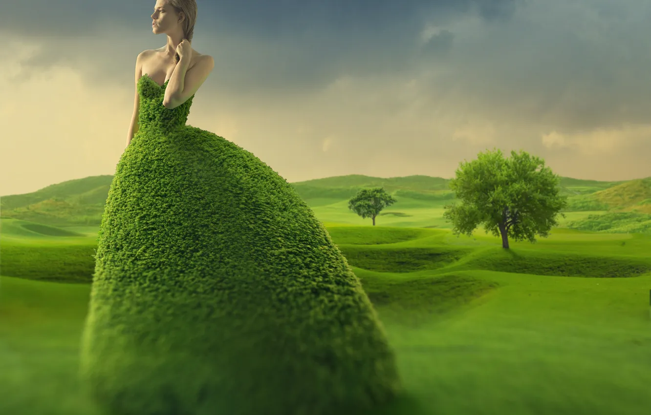 Photo wallpaper greens, girl, trees, creative, hills, blonde
