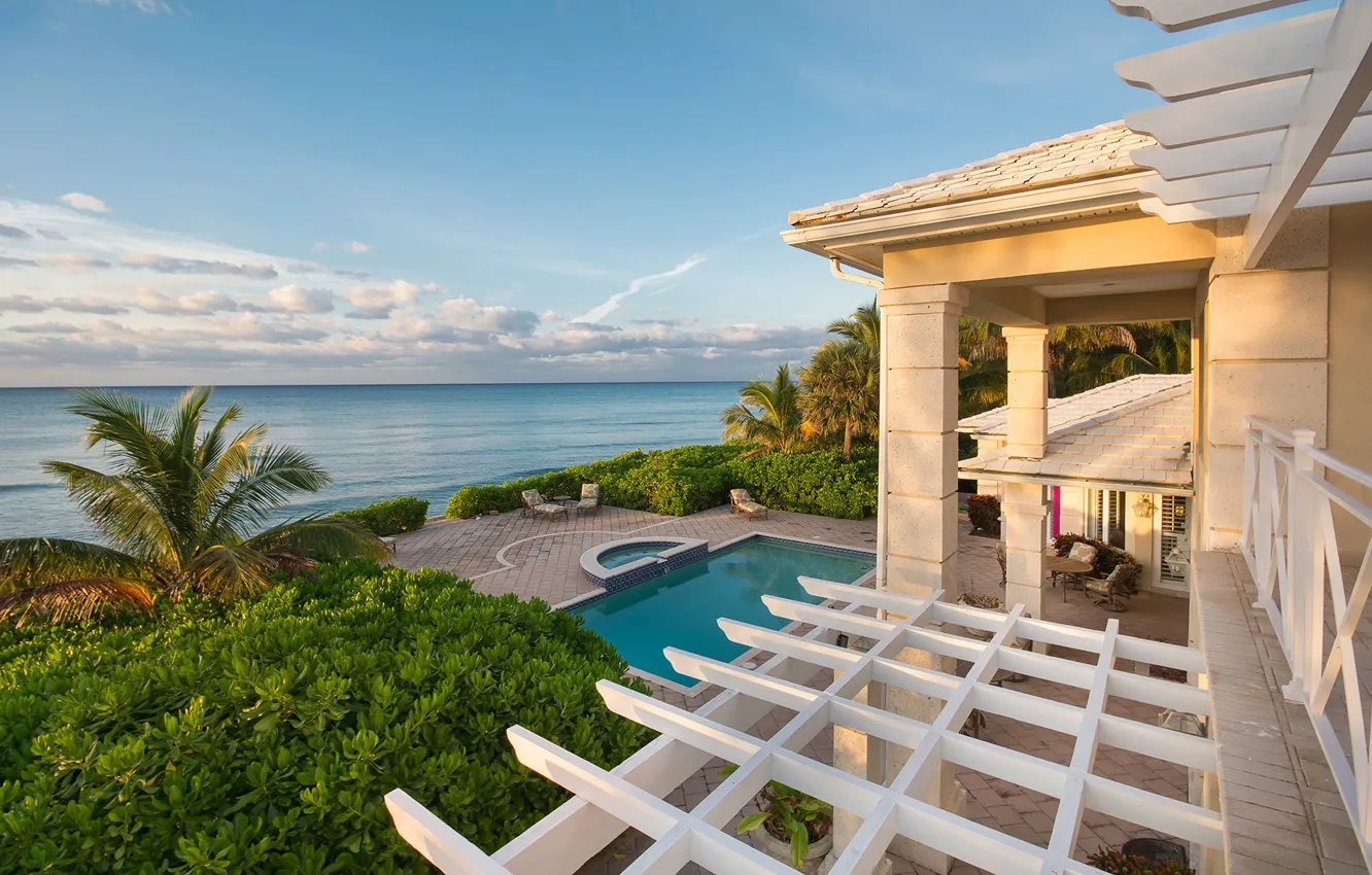Photo wallpaper pool, ocean, coast, home, luxury, bahamas, palm