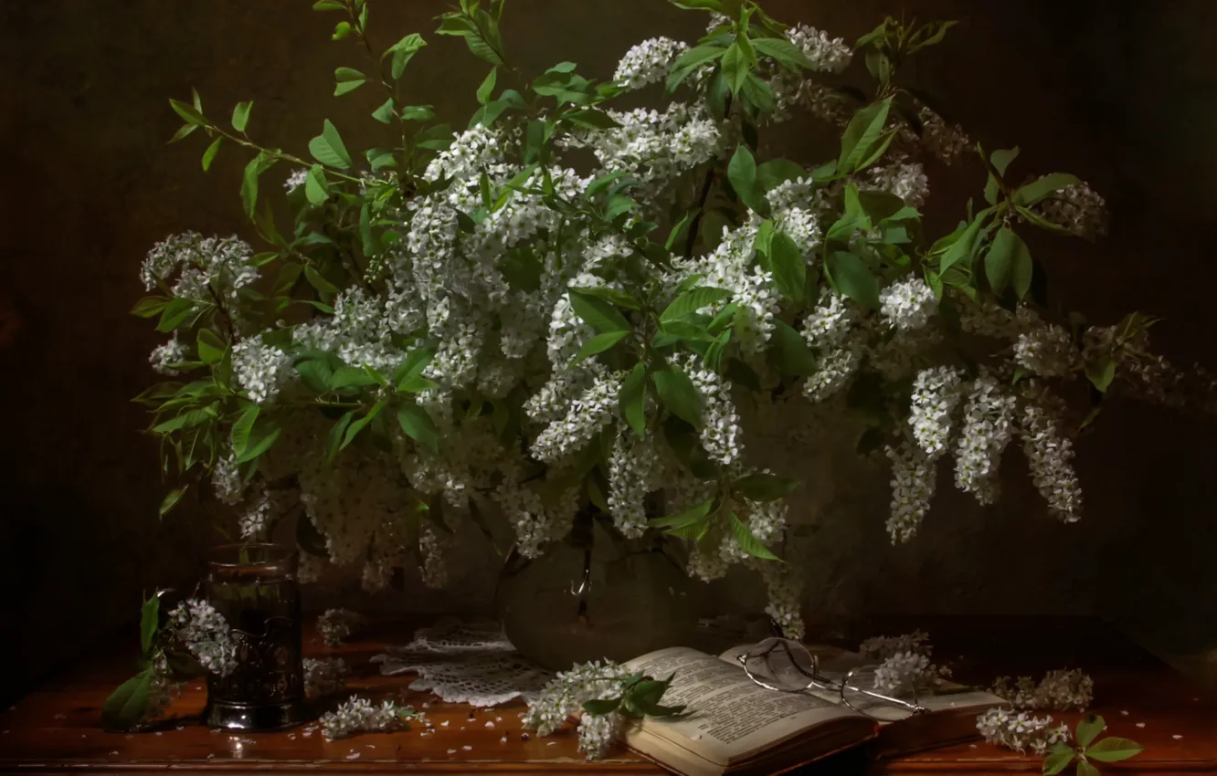 Photo wallpaper bouquet, glasses, book, cherry