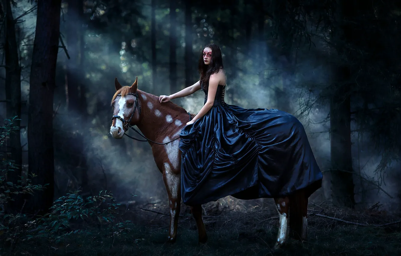 Photo wallpaper forest, girl, horse, horse, dress, mask