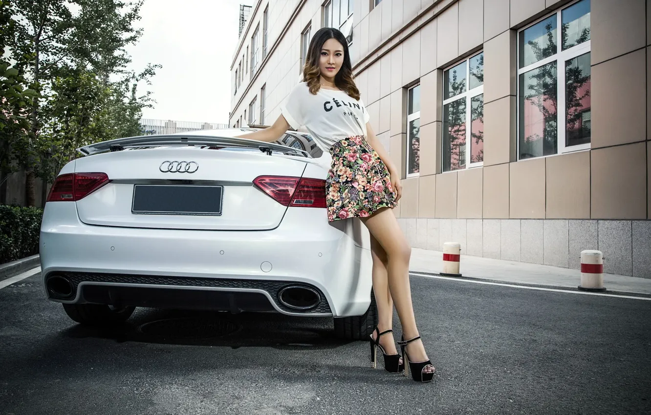 Photo wallpaper look, girl, Audi, Asian, beautiful girl, is above the machine, white car