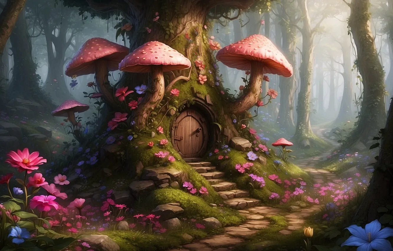 Photo wallpaper forest, mushrooms, mushroom, fantasy, house, fabulous, AI art, The dwarf house