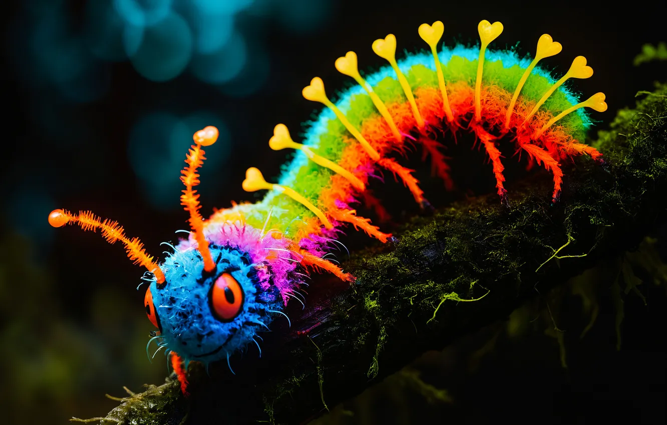 Photo wallpaper caterpillar, branches, moss, fantasy