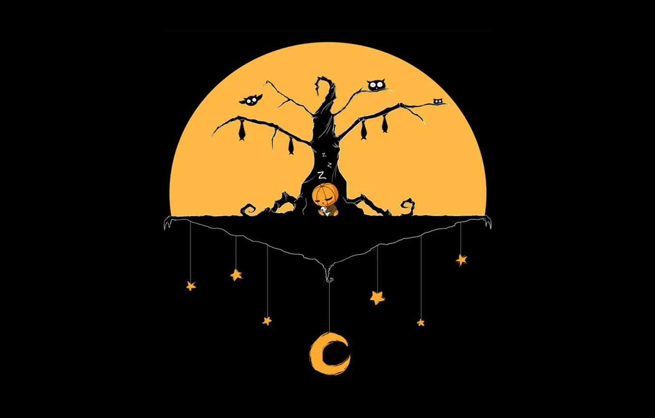 Photo wallpaper Halloween, moon, minimalism, stars, tree, baby, holiday, digital art