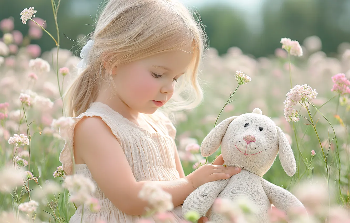 Photo wallpaper field, flowers, children, toy, hare, girl, AI art, neural network