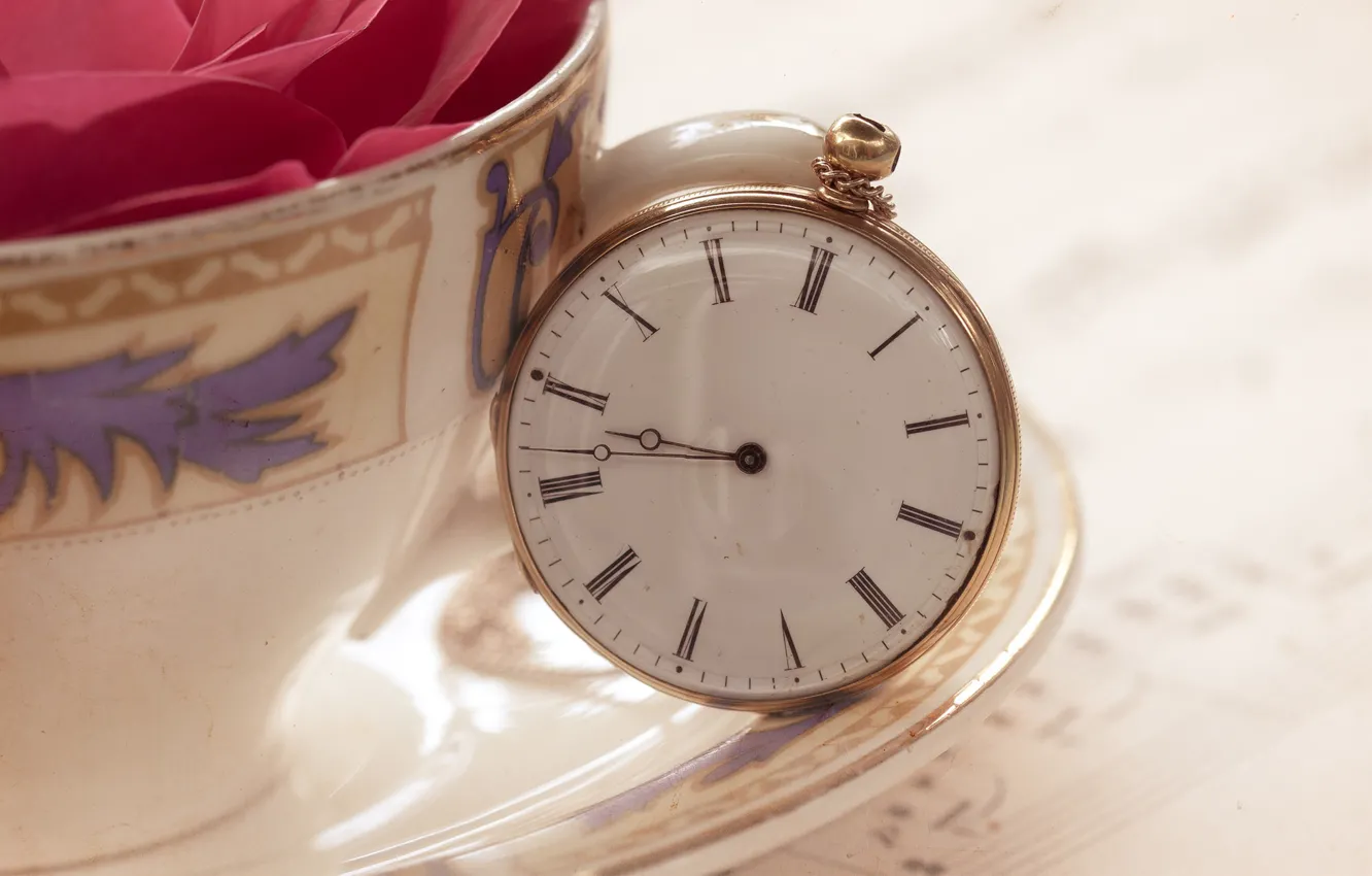Photo wallpaper watch, petals, mug, Cup, a couple of tea, pocket