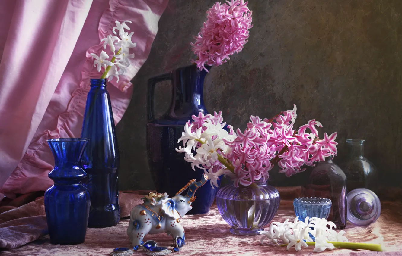 Photo wallpaper flowers, bottle, curtains, vase, pitcher, still life, figures, elephant